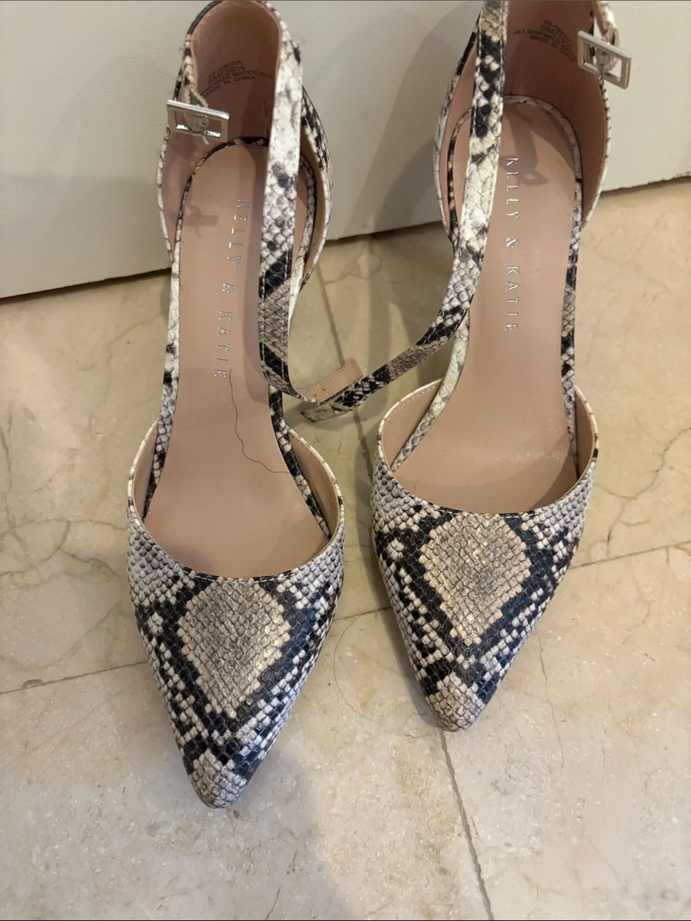 Kelly & Katie Snake-Print Pointed Toe Ankle-Strap Pumps in Black and Cream